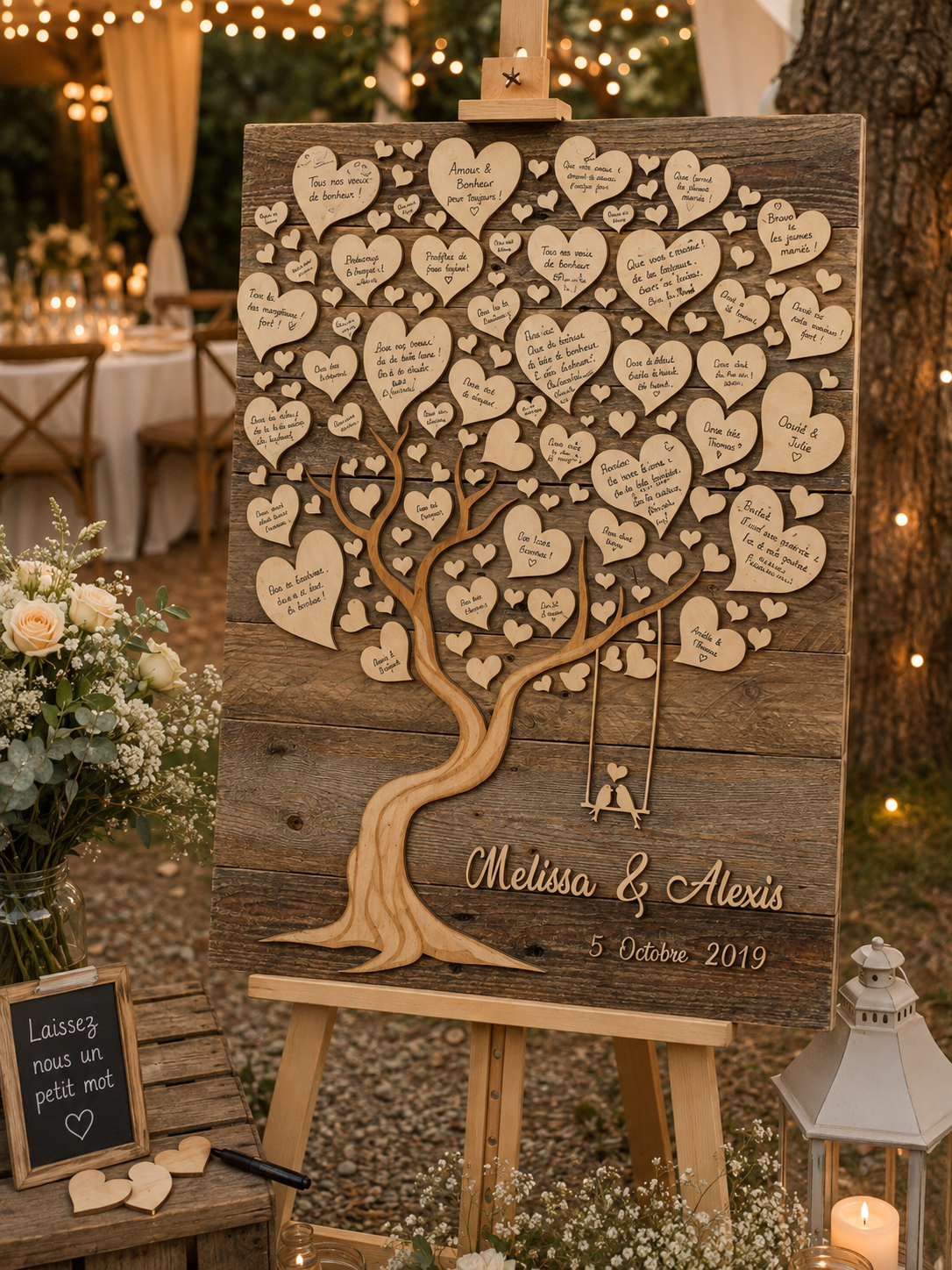 Livre d'or arbre de mariage avec petits cœurs contenant les messages des invités