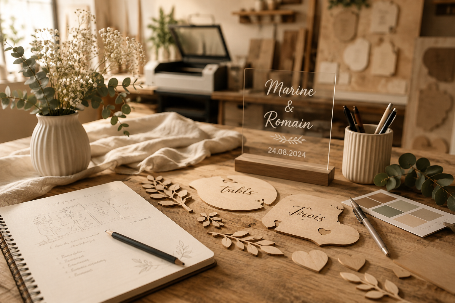 Création sur mesure d'un plan de table de mariage dans notre atelier